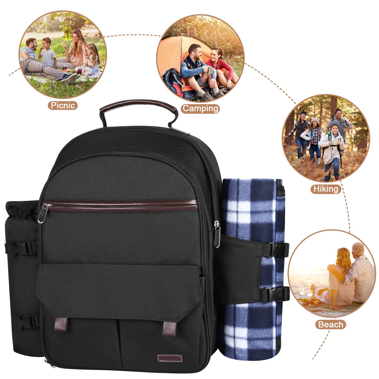 Sunflora Insulated Picnic Backpack for 2 Person Bag with Cooler Compartment, Wine Pouch, Blanket and Stainless Steel Cutlery Set for Couple, Lovers and Friends (Black)