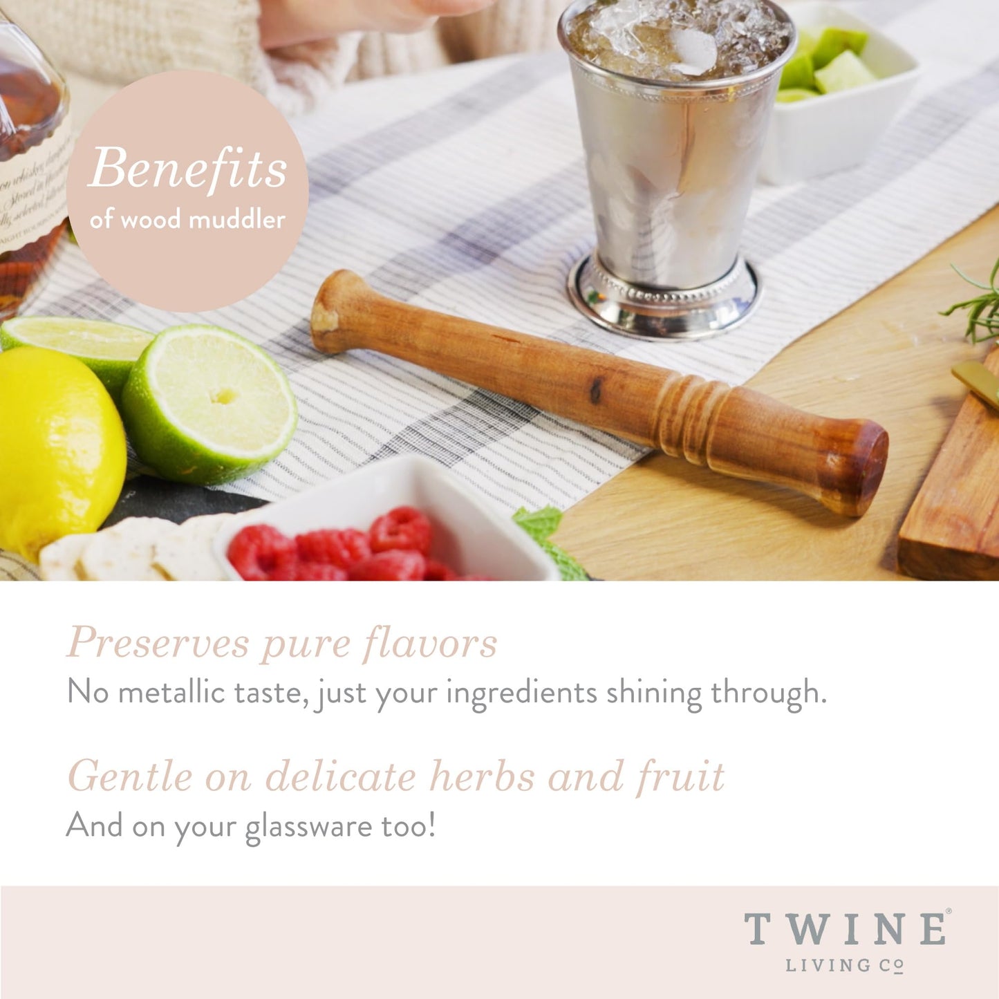 Twine Acacia Wood Mojito Muddler for Cocktails with Jute Storage Pouch, Bar Accessories, Cocktail Muddler, Drink Muddler, Set of 1, Wood Grain