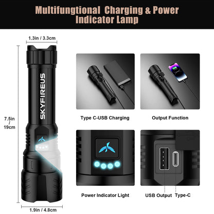 SKYFIRE LED Flashlights High Lumens,2000lm Super Bright Rechargeable Flashlight with Ignition Lens, Zoomable,Powerbank,Waterproof Flash Light for Camping Essentials,Outdoor and Home(Black)