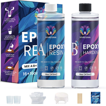 Vivresina Epoxy Resin Kit 32 OZ Clear Epoxica Resina Food Safe No Yellowing for Casting Coating Art DIY Craft Jewelry Wood Table Flower