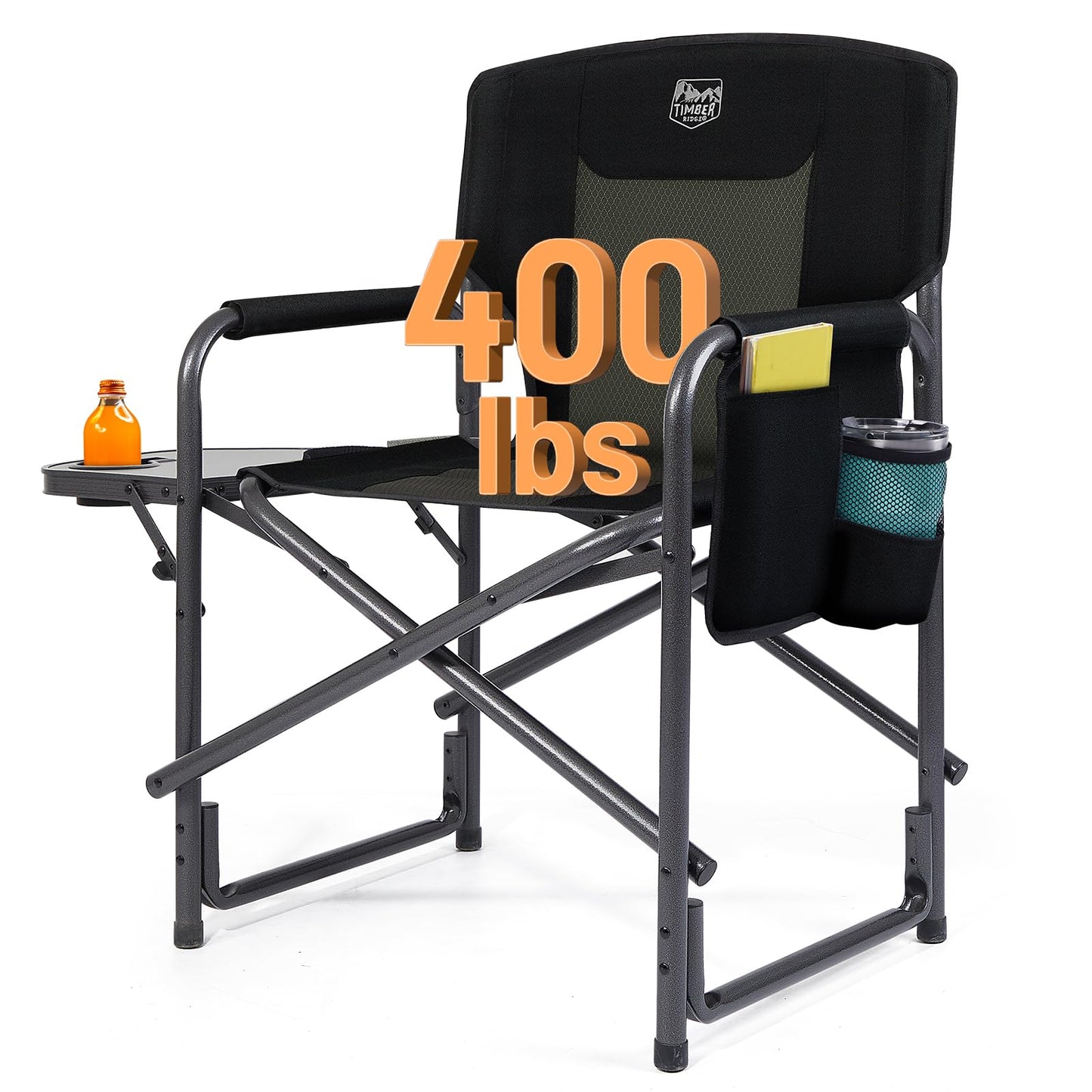 TIMBER RIDGE Aluminum Oversized Camping Chair, Lightweight Portable Directors Chair with Side Table Detachable Side Pocket for Outdoor Camping, Lawn, Picnic, Support 400lbs Black