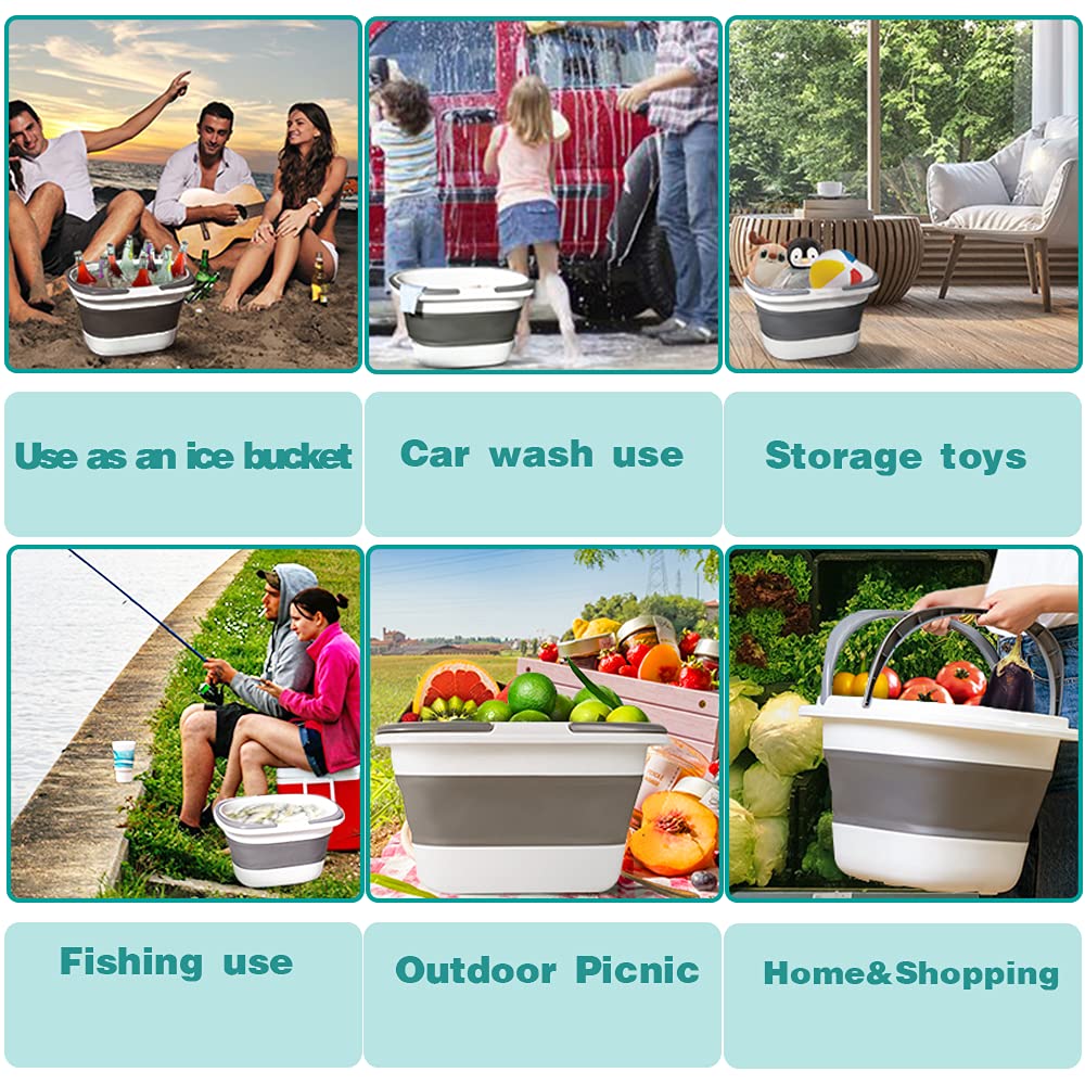 Goderewild 2 Pack Large Collapsible Mop Bucket 4.2 Gallon(16L) with Handle for House Cleaning, Space Saving Outdoor Multiuse Foldable Water Pail for Camping, Fishing, RV(2, Grey)