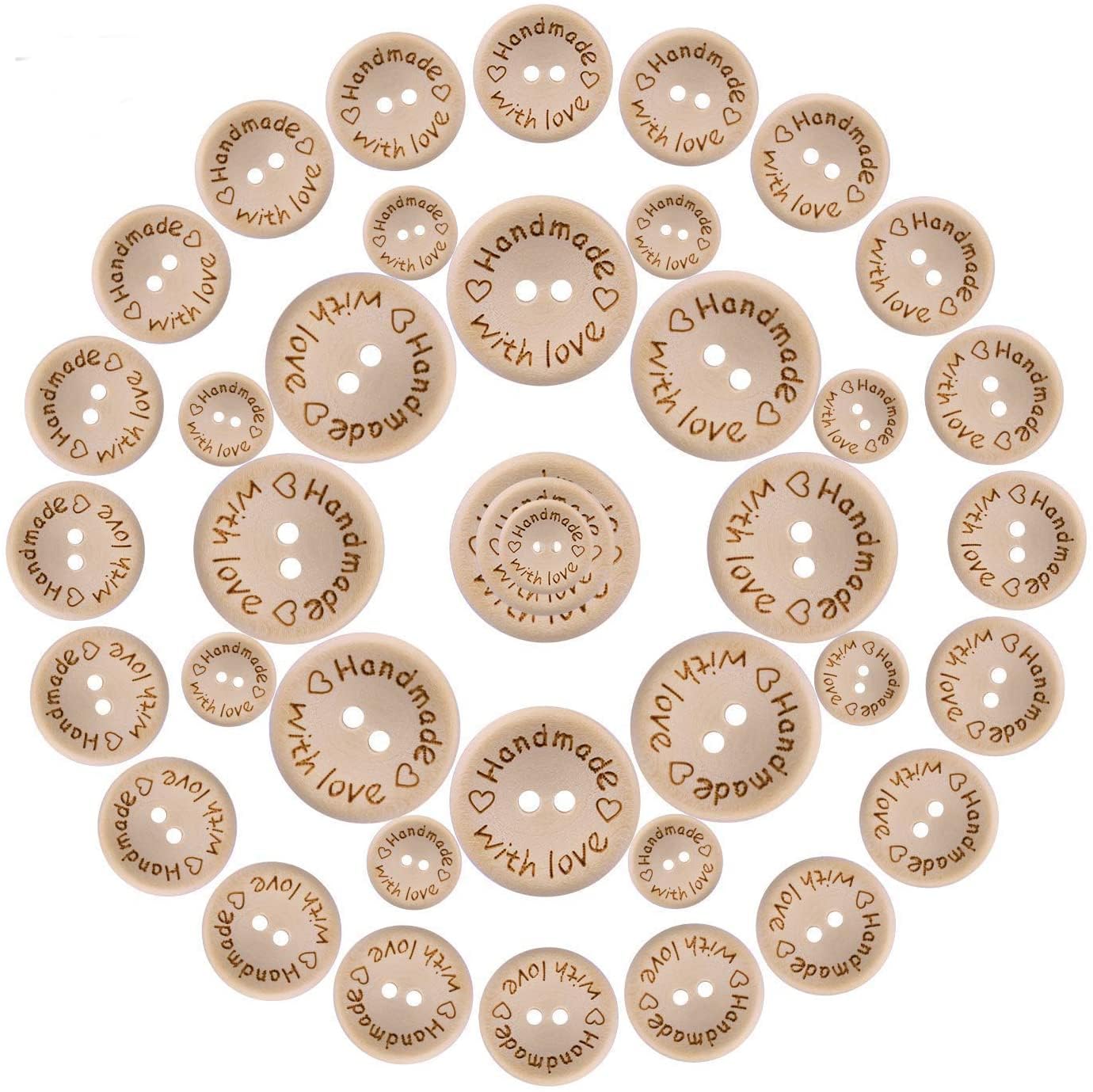 150pcs Wooden Handmade with Love Round Craft Decor 2 Holes Wooden Sewing Buttons (15-20-25mm)