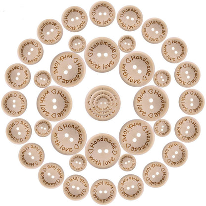 150pcs Wooden Handmade with Love Round Craft Decor 2 Holes Wooden Sewing Buttons (15-20-25mm)