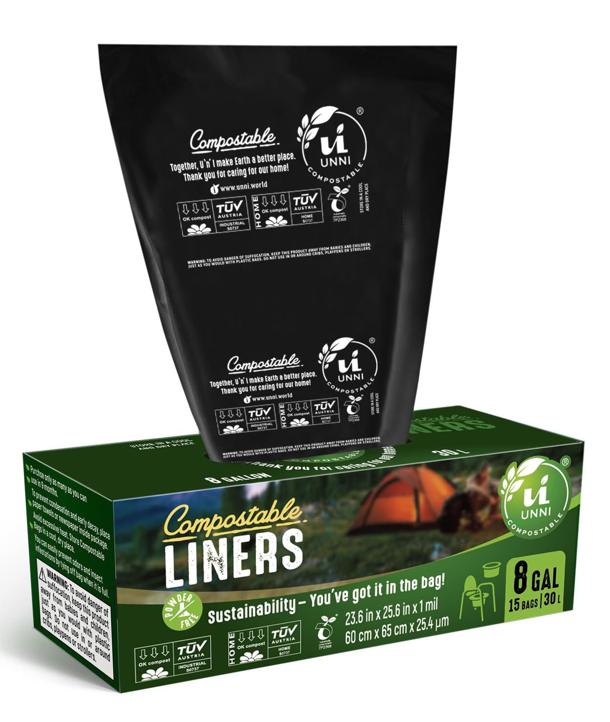 UNNI Compostable Portable Toilet Replacement Bags, 8 Gallon, 15 Count, Heavy Duty 1 Mils, For Portable Toilet Chair, Earth Friendly Highest ASTM D6400, Europe OK Compost Certified, San Francisco