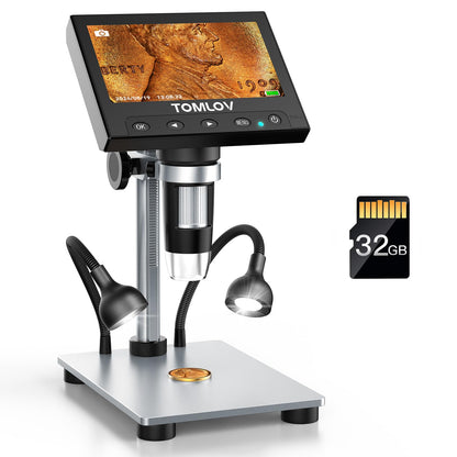 TOMLOV 1000X Coin Microscope with 4.3" Screen, Digital Microscope Magnifier with LED Lights, Metal Stand, PC View, Photo/Video, 32GB SD Card, Windows, macOS Compatible, DM4S