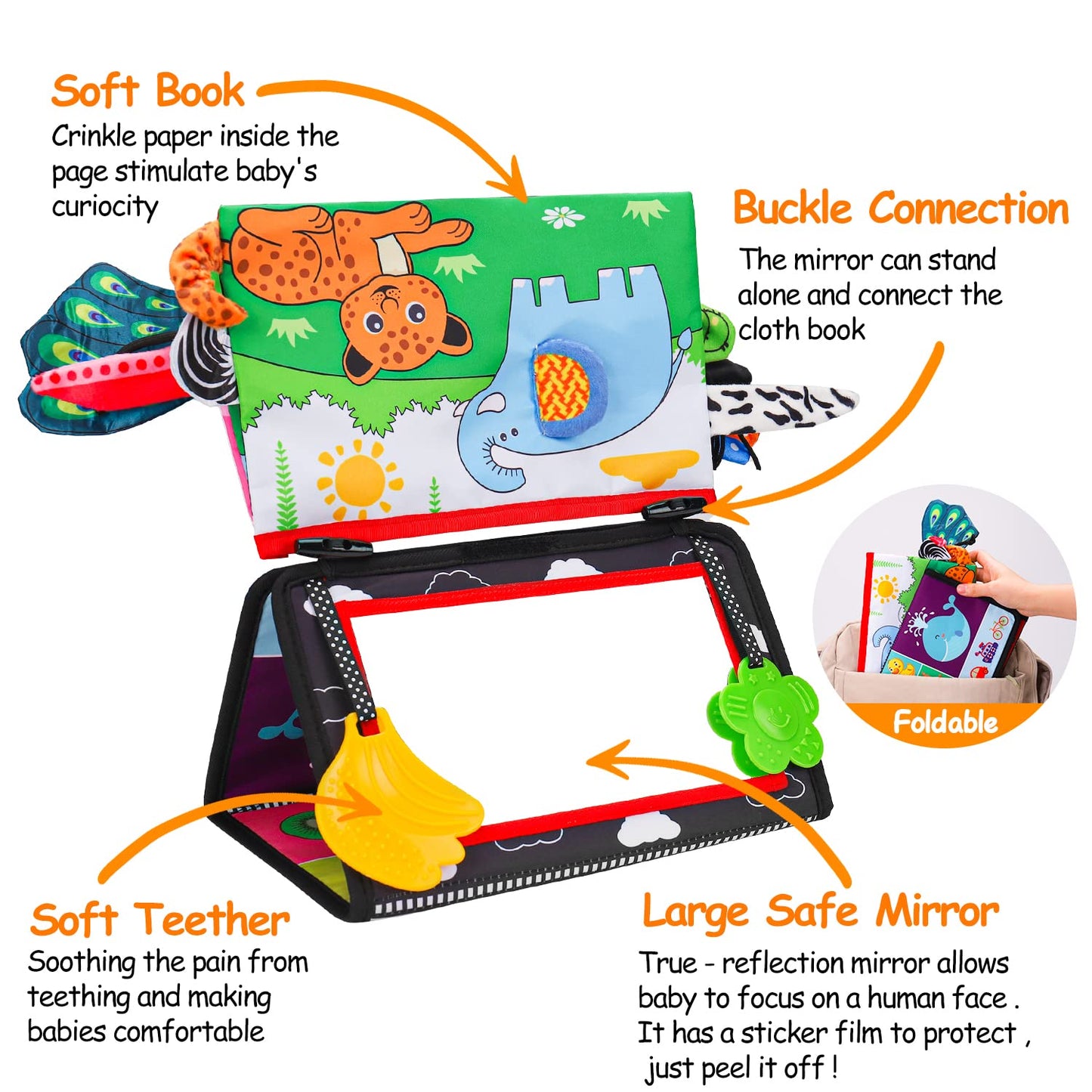 Baby Mirror Tummy Time Toys 0-6 Months with Crinkle Cloth Books Infant High Contrast Newborn Sensory Black and White Toy for 0-3 4 5 6 Months Must Haves Babies 3-6 6-12 Month Boys Girls Shower Gifts