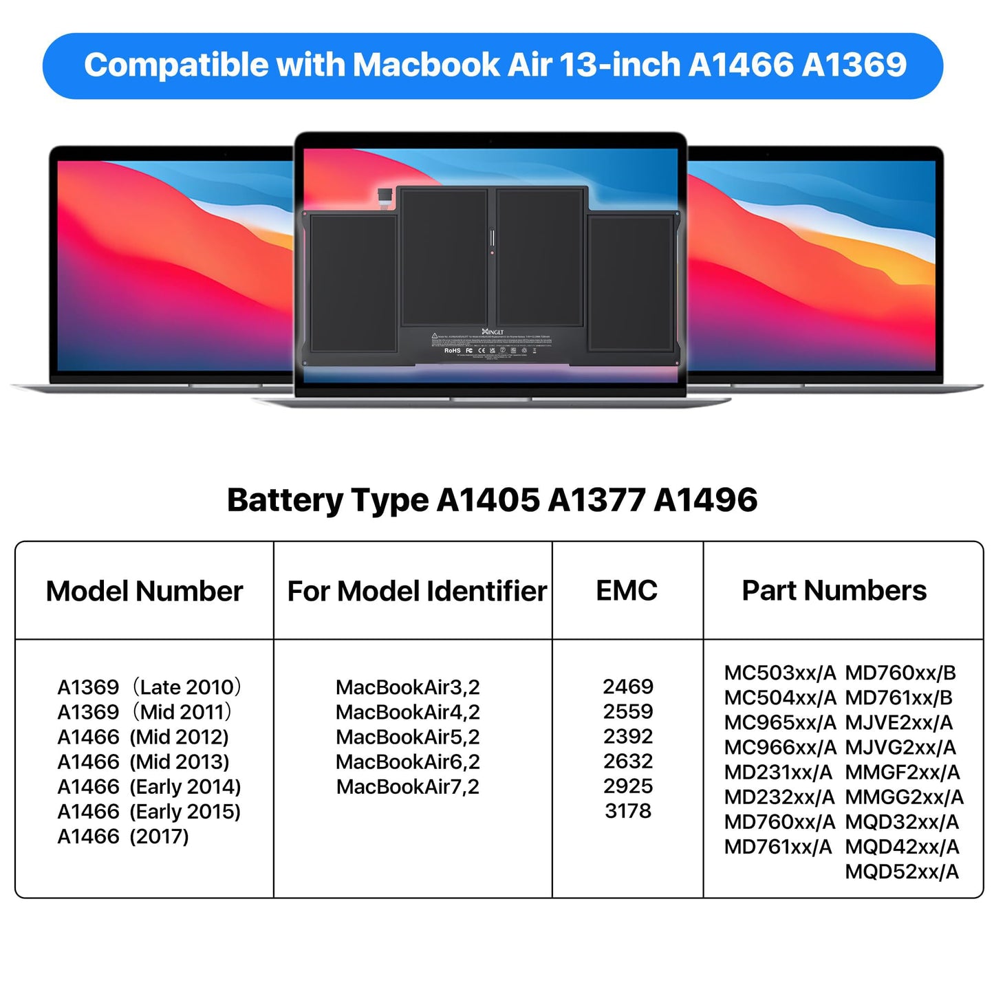 XINGLT Replacement Laptop Battery for MacBook Air 13 inch A1466(Mid 2012, Mid 2013, Early 2014, Early 2015,2017) A1369(Late 2010, Mid 2011 Version) 7200mAh,fits A1496 A1405 A1377 [Upgraded 3.0]