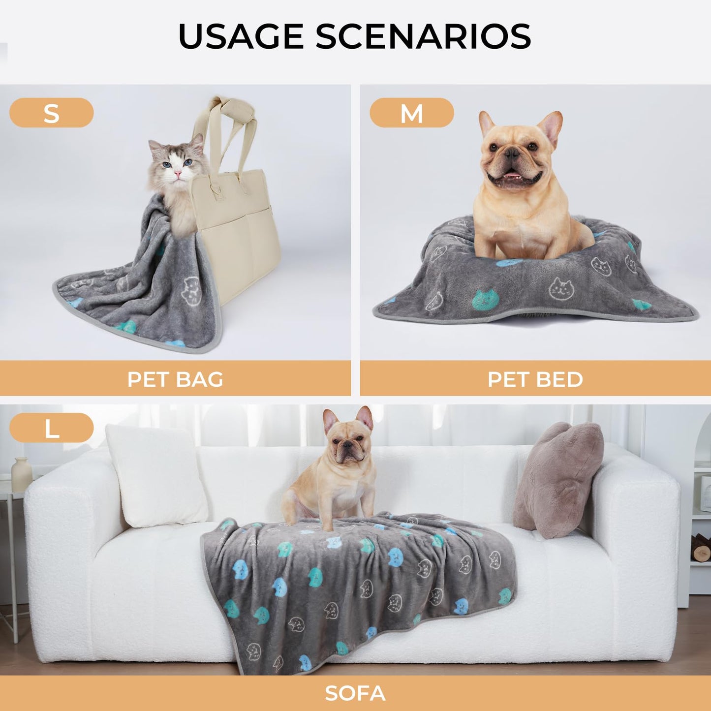 1 Pack 3 Blankets Super Soft Fluffy Premium Cute Cat Pattern Pet Blanket Flannel Throw for Dog Puppy Kitten Blue/Cyan/Grey Medium(30x20 inch)