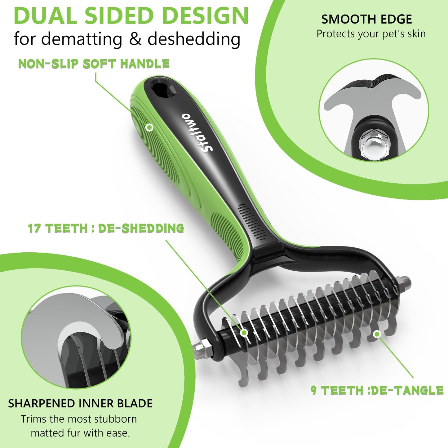 STALTWO Pet Grooming Supplies - 2-in-1 Professional Undercoat Rake and Pet Brush | Shedding Control for Long Haired Dogs and Cats, Deshedding Tool, Furminator for Dogs, Green