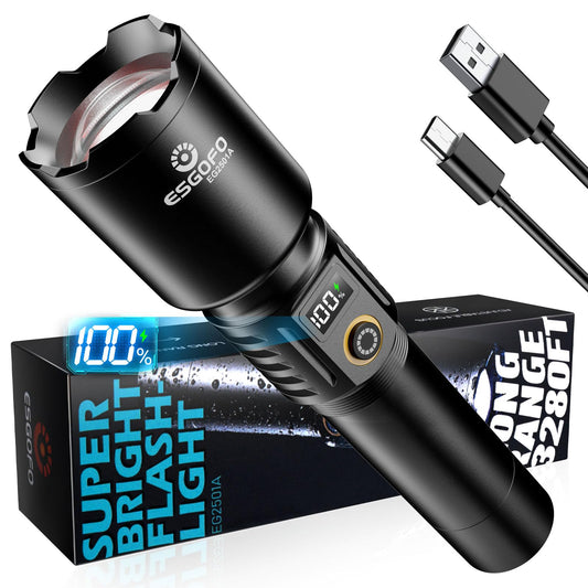 Esgofo Rechargeable Flashlights High Lumens 1000000 Long Range 3280FT, Super Bright Handheld Strong LED Flashlight Long Lasting 15H, Powerful Flash Light USB C, Zoomable 5 Modes, for Camping Hiking