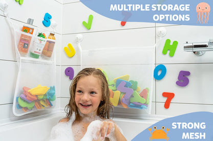 2 x Mesh Bath Toy Organizer + 8 Ultra Strong Hooks – The Perfect Bathtub Toy Holder & Bathroom or Shower Caddy – These Multi-use Net Bags Make Baby Bath Toy Storage Easy – For Kids & Toddlers