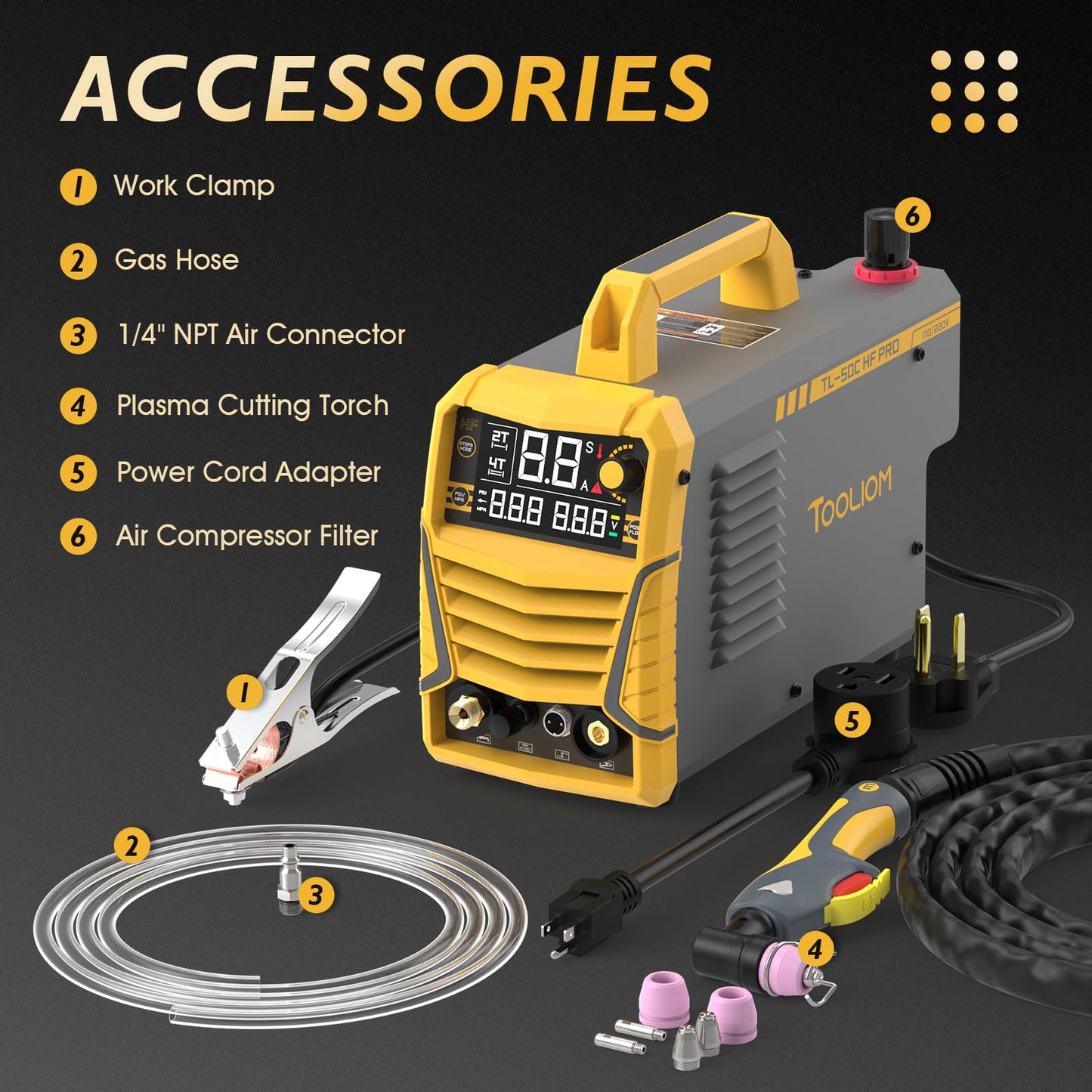 TOOLIOM 50A Non-Touch Pilot ARC Air Plasma Cutter Dual Voltage 110V/220V Metal Cutting Machine with Post/Flow Gas and 2T/4T, 1/2" Clean Cut