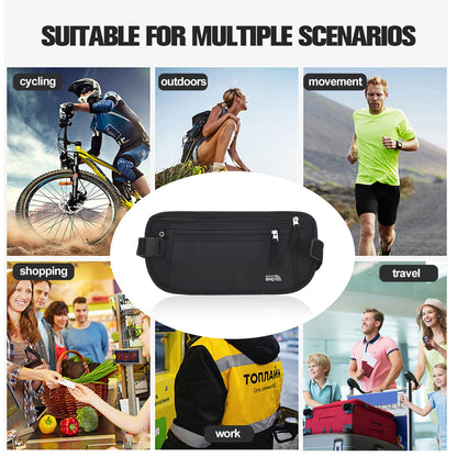 Unisex Money Belt, Slim Passport Holder RFID Blocking Travel Essentials Pouch with Adjustable Strap Small Waist Pouch for Workout Running Travelling Hiking, Black