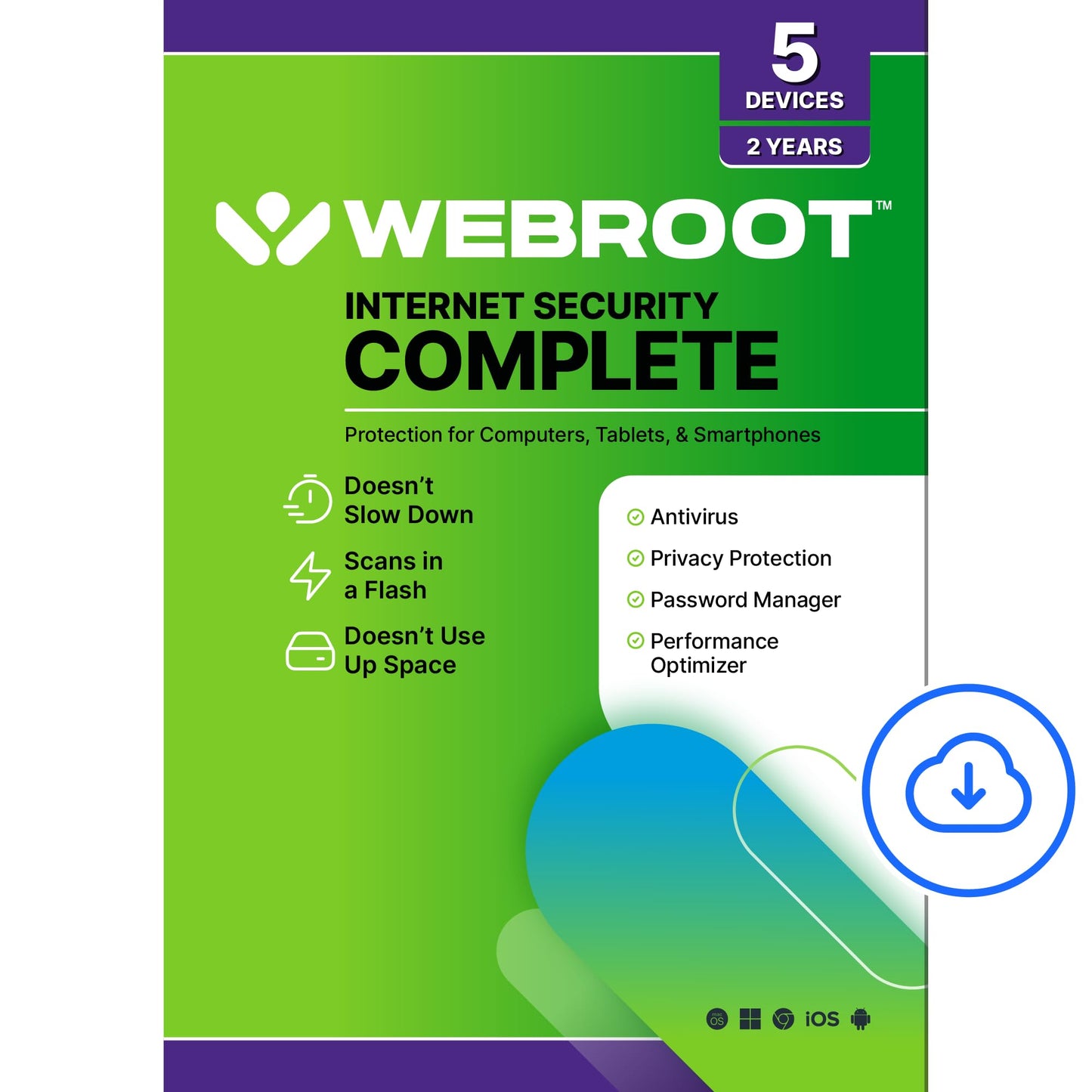 Webroot Internet Security Complete | Antivirus Software 2025 | 5 Device | 2 Year Download for PC/Mac/Chromebook/Android/IOS + Password Manager, Performance Optimizer