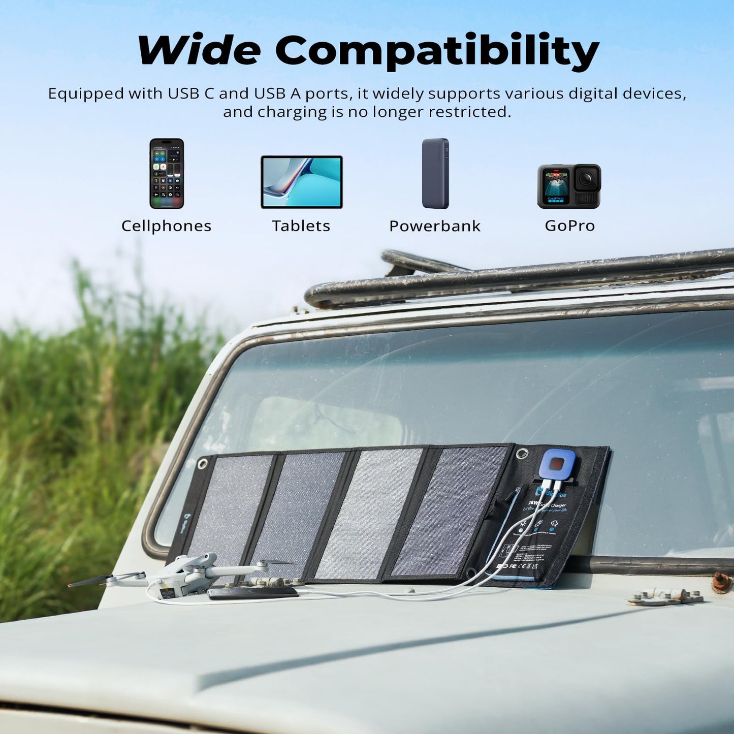 BigBlue Portable Solar Charger 28W with Digital Ammeter,25.4% High-Efficiency, USB-A/USB-C Ports, Folding Waterproof Solar Panels with Carabiners for Camping, Backpacking, Phones, Tablets, Power Bank