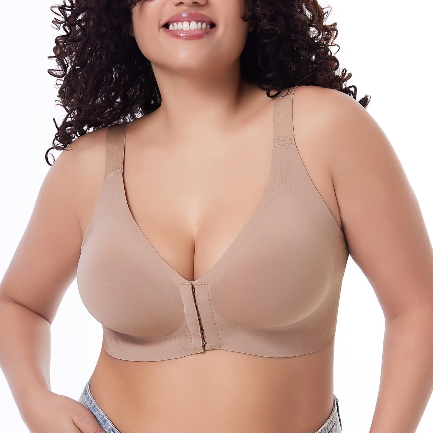 Starmiss Seamless Front Closure Bra for Women Posture Back Smoothing Wireless Brasieres, Beige, XL