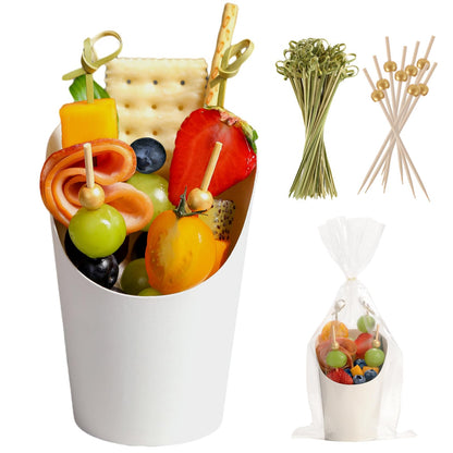 60 Sets Disposable Charcuterie Cups with Sticks and Bags, 14 oz White Kraft Paper Snack Boxes Appetizers Cup French Fry Holder with Cocktail Skewers Toothpicks Tooth Picks(60 Cups+60 Bags+200 Sticks)