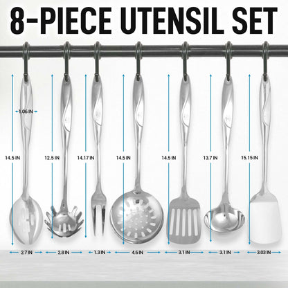 Zulay Kitchen Stainless Steel Cooking Utensil - Stainless Steel Kitchen Utensil - Durable Kitchen Gadgets - Metal Kitchen Accessories - Easy to Clean Kitchen Tools - 8 Piece Set