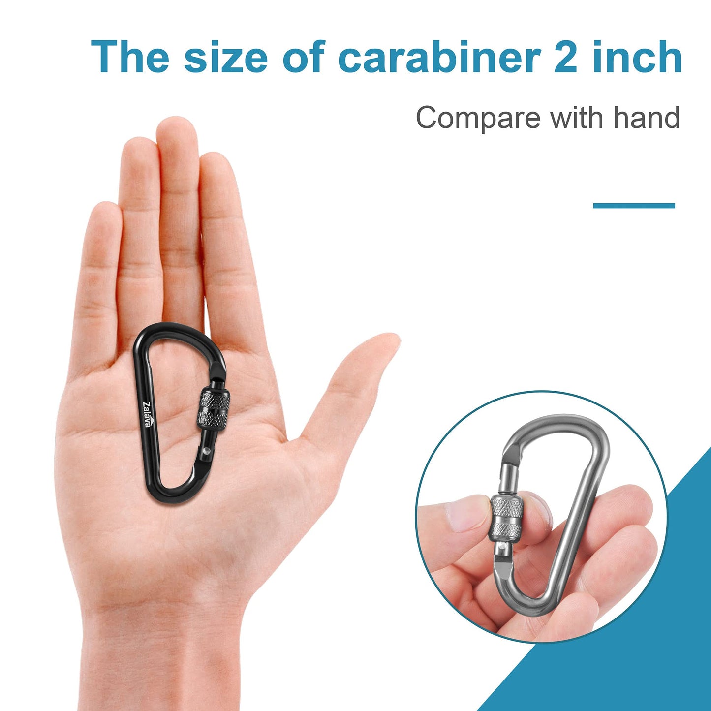 Zalava 6pcs 2”D-Clip Durable Locking Carabiner Keychain Clip with Hook