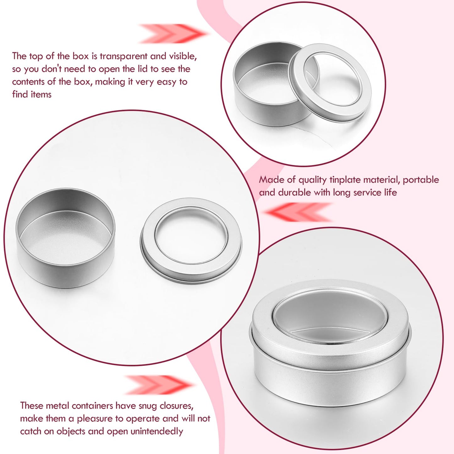 TecUnite 24 Pack 2 Ounce Metal Tin Cans Round Empty Container Salve Tins with Clear Lid for Kitchen, Office, Candles, Candies