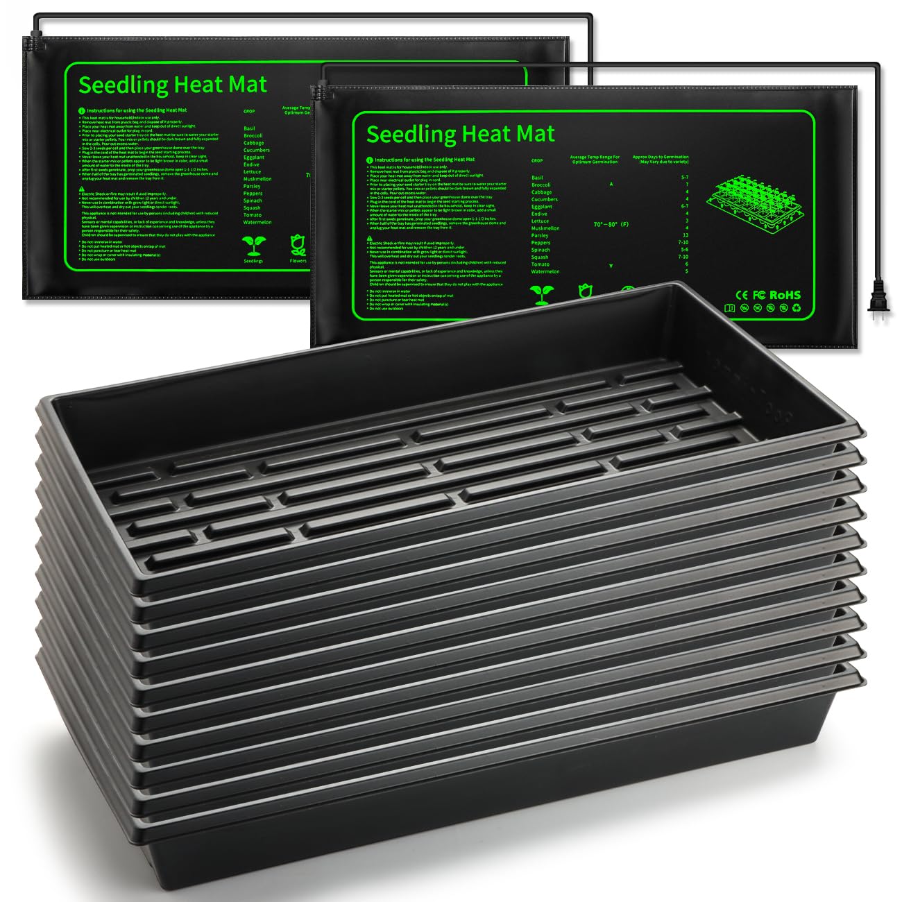 RooTrimmer Seed Starter Kit - 10 Pack 1020 Seed Trays with 2 Seedling Heat Mats for Plants (10"x20.5"), Complete Seed Germination Kit for Indoor Gardening, Greenhouse Accessories Gardening Gifts