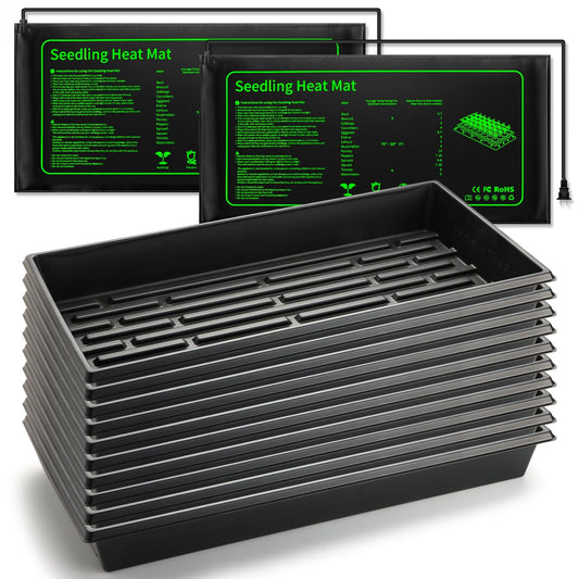 RooTrimmer Seed Starter Kit - 10 Pack 1020 Seed Trays with 2 Seedling Heat Mats for Plants (10"x20.5"), Complete Seed Germination Kit for Indoor Gardening, Greenhouse Accessories Gardening Gifts