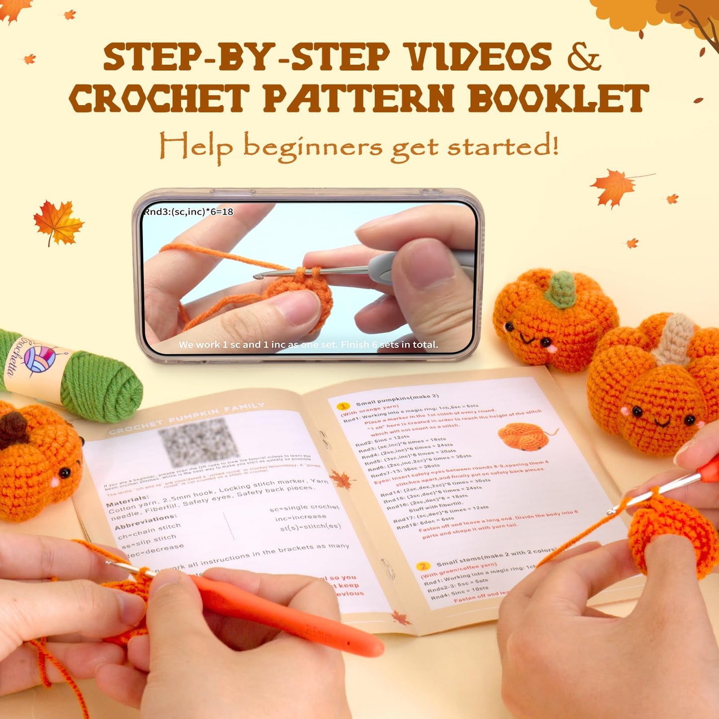 Crochetta Crochet Kit for Beginners, Crochet Starter Kit with Step-by-Step Video Tutorials, Crochet Animal Kits for Adults and Kids, DIY Craft Supplies, 3 Pack Halloween Pumpkins Family (40%+ Yarn)