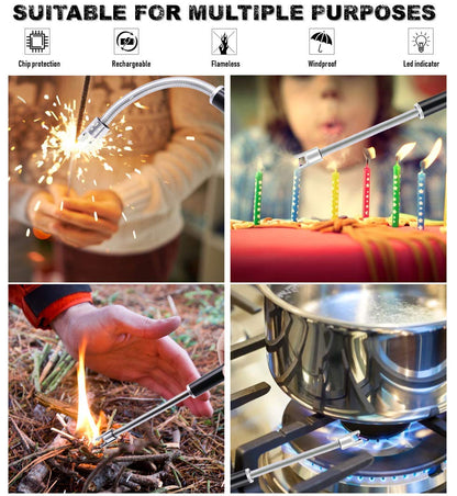 TOMOLO 2 Pack Electric Candle Lighter USB Rechargeable Flameless Windproof Arc Lighter with Flexible Neck, Safety Switch for Candle, Grill, BBQ, Camping & Kitchen (Black&Silver)