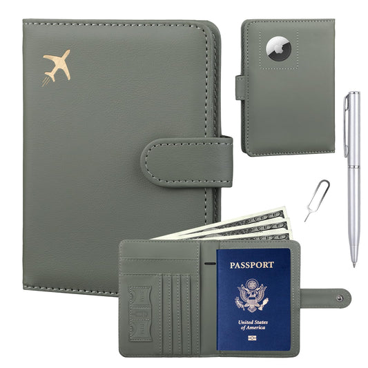 GOAUS Passport Holder for Travel with Airtag Card Slots, Money Pocket, Women Men RFID Blocking Wallet Book Case Green