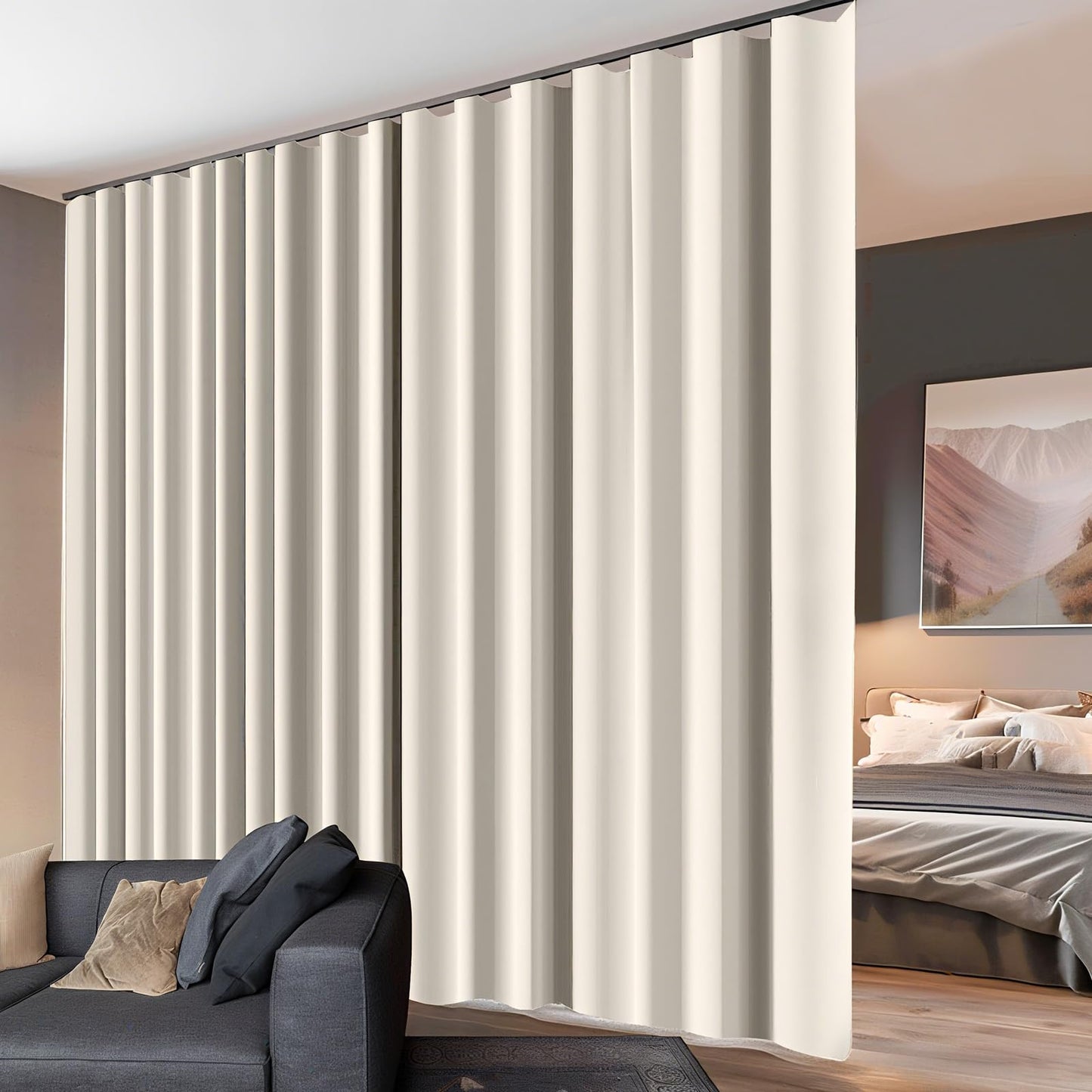 Room Divider Curtains Flexible Ceiling Tracks Set Curtain Track Ceiling Mount Blackout Curtain for Living Room Bedroom Ceiling Curtain Rod Privacy Dividers Panels W120 x H96 Beige Drape & Black Rail