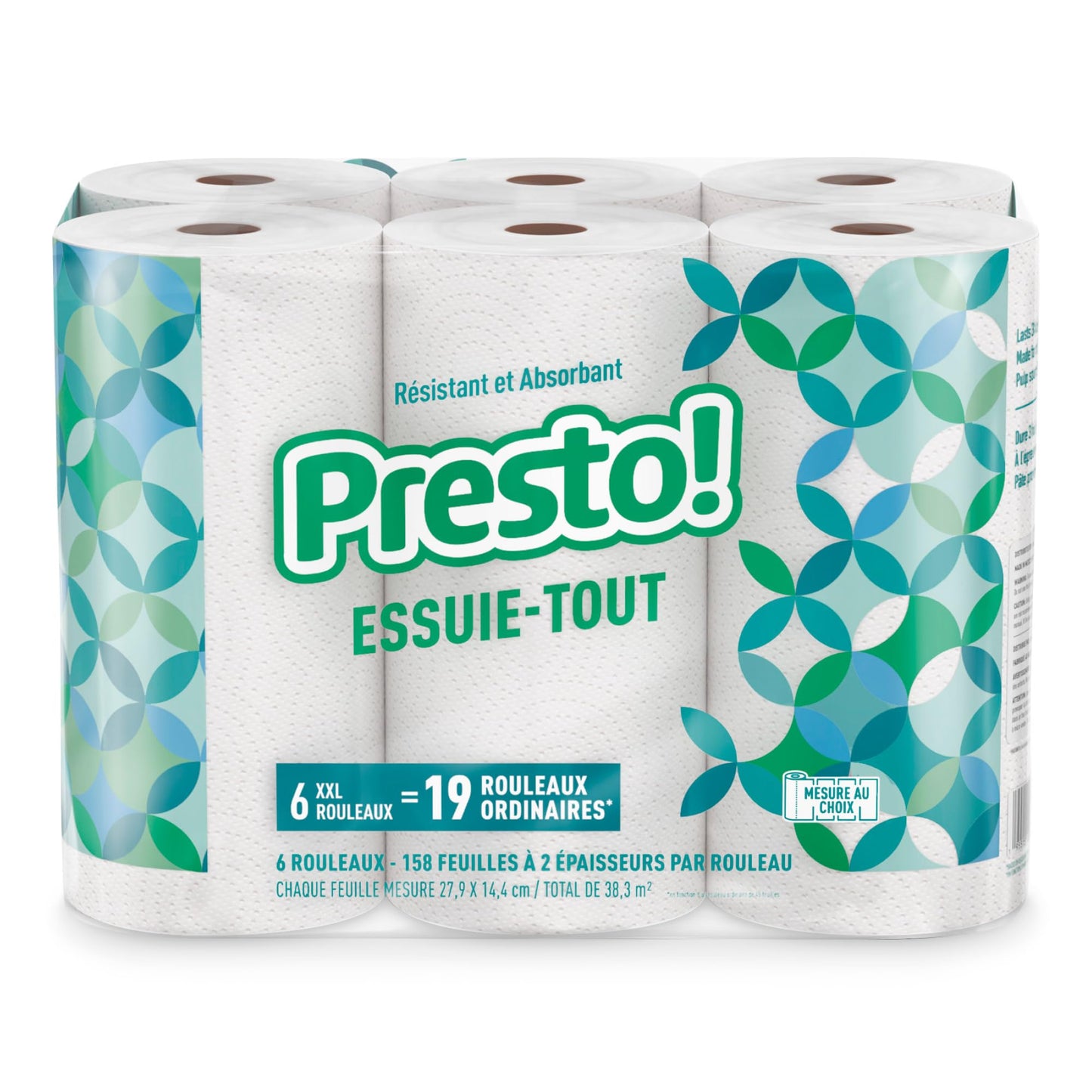 Amazon Brand - Presto! Flex-a-Size Paper Towels, 158 Sheet Huge Roll, 12 Rolls (2 Packs of 6), Equivalent to 38 Regular Rolls, White
