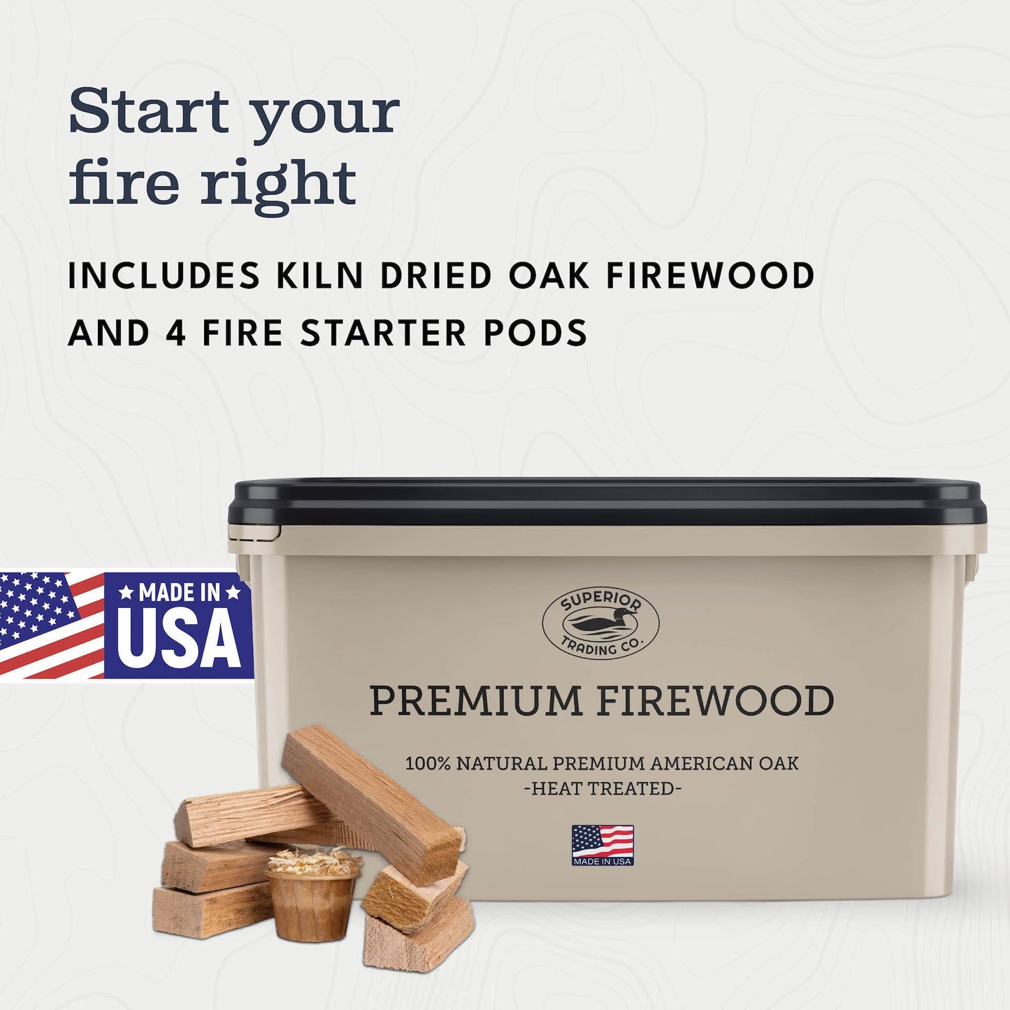 Superior Trading Oak Mini Fire Wood w/Fire Starter Pods, Winter Fireplace Starter, Wood Stove, USDA Cert 4-5” Kiln Dried Firewood, USA Made, 10-11 lbs in Plastic Storage Box
