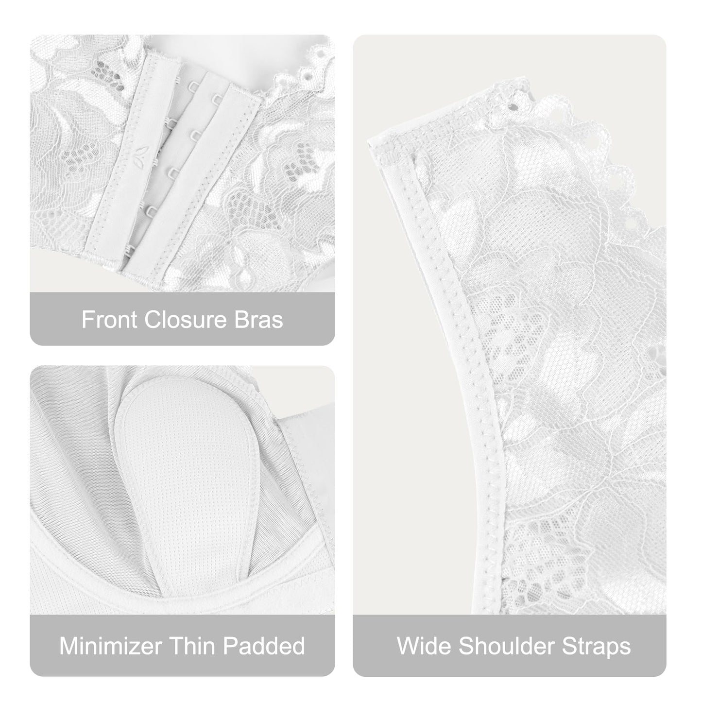 GREENBAA Front Closure Lace Bras for Women Posture Smooth Back Wirefree Bra Seamless Brassiere (White, XL)