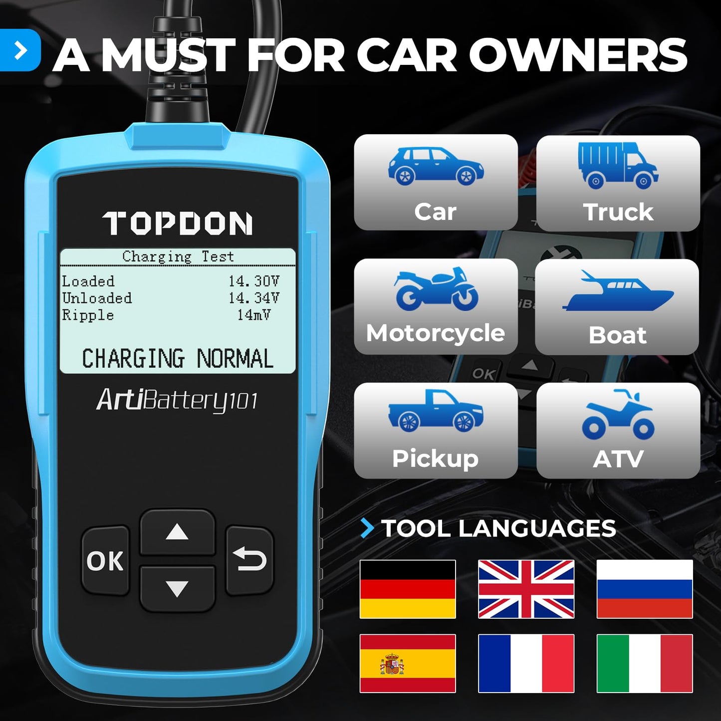 TOPDON AB101 Car Battery Tester 12V Car Battery Load Tester on Cranking Charging Systems, 100-2000 CCA Automotive Alternator Analyzer for Cars/SUVs/Light Trucks with Flooded AGM Gel Types