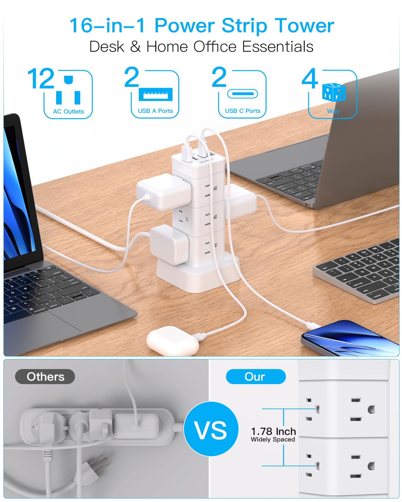 Surge Protector Power Strip Tower, 12 Outlets 4 USB (2 USB C) Desktop Charging Station for Multiple Devices, 6Ft Flat Plug Extension Cord with Multiple Outlets, Home Office College Dorm Essentials