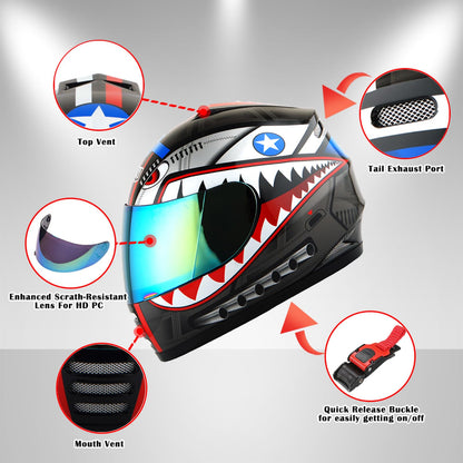 WOW Motorcycle Full Face Helmet Street Bike BMX MX Youth Kids Shark Black