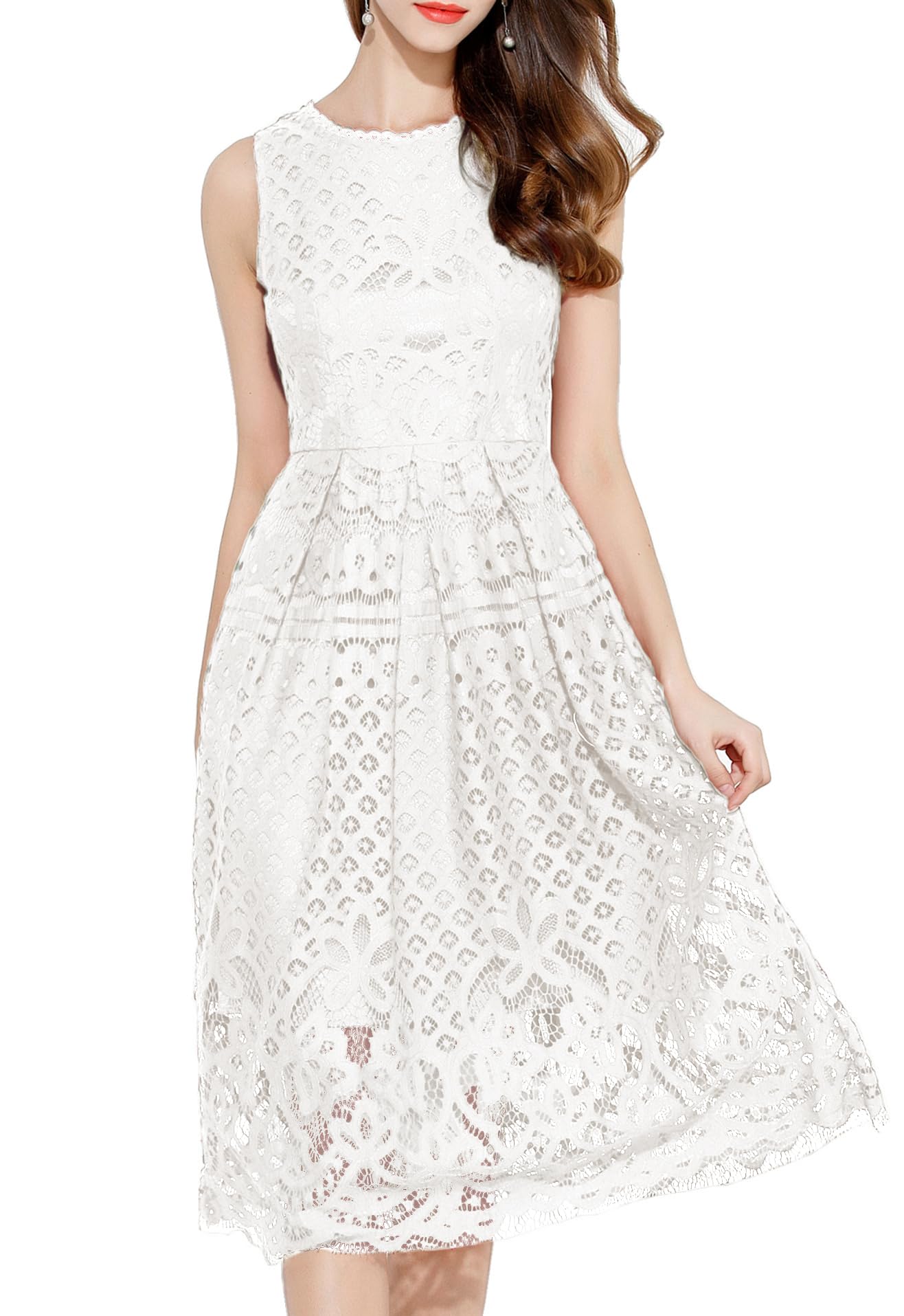 VEIISAR Womens Fashion Sleeveless Lace Fit Flare Sweatheart Cocktail Dress White S