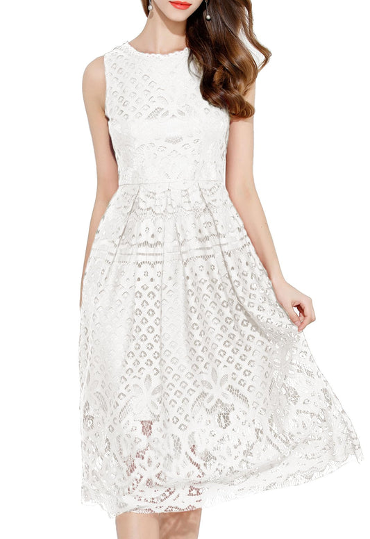 VEIISAR Womens Fashion Sleeveless Lace Fit Flare Sweatheart Cocktail Dress White S
