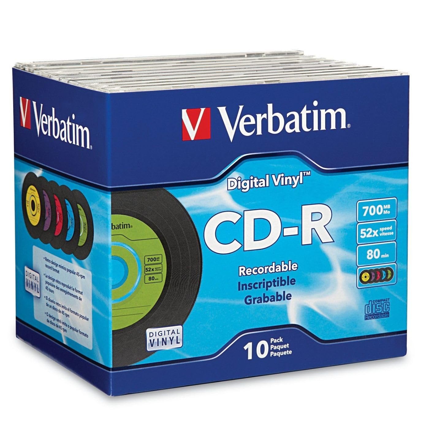 Verbatim CD-R Blank Discs 700MB 80min 52X Recordable Disc for Data and Music with Digital Vinyl Surface - 10pk Slim Case Blue/Green/Orange/Pink/Purple