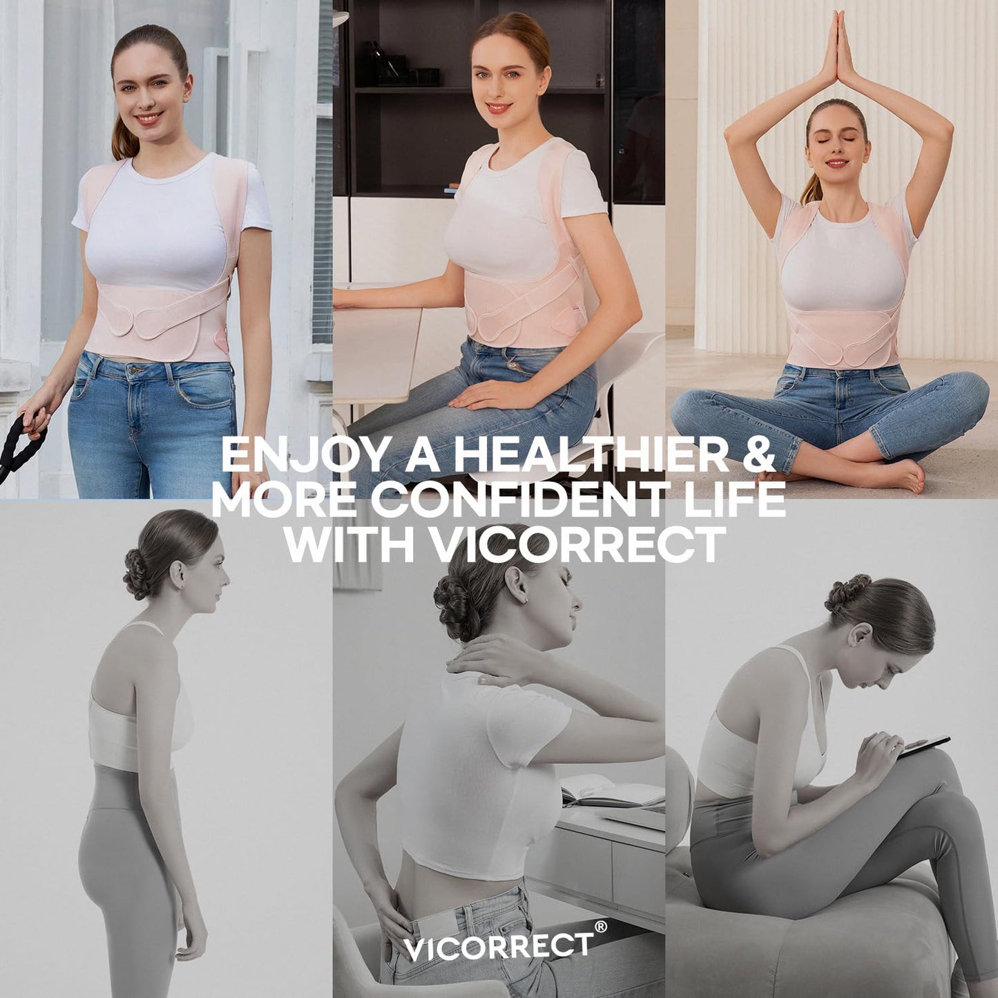 Vicorrect Posture Corrector for Women and Men: Back Support Brace Upper Back Shoulders Pain Relif (Pink, Medium)