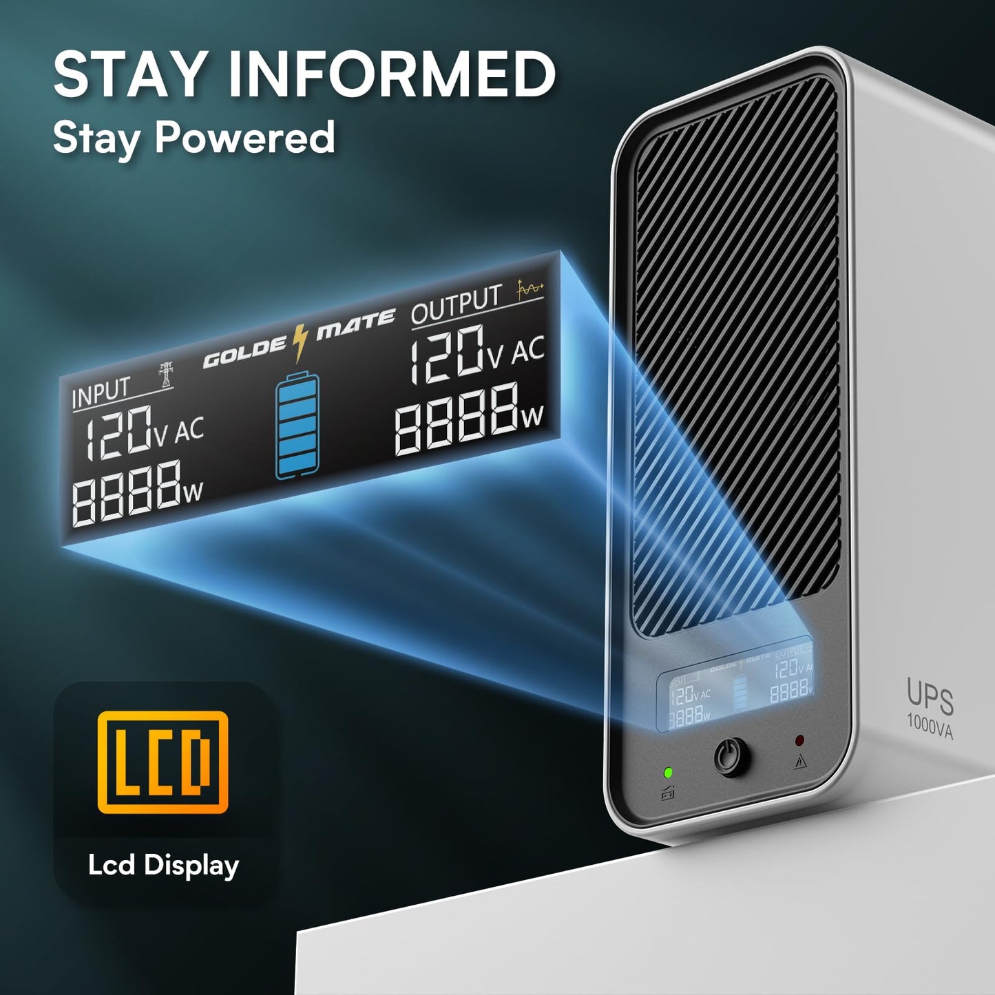 GOLDENMATE 1000VA/600W Lithium UPS Battery Backup and Surge Protector, Backup Battery Power Supply with LiFePO4 Batteries(153.6 Wh), Sinewave UPS System, 10 Years Lifespan, 8-Outlets, LCD Display