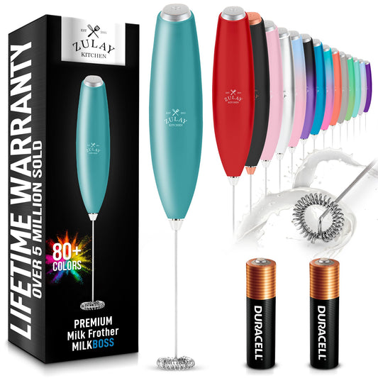 Zulay Kitchen Handheld Milk Frother with Duracell AA Batteries – Ultra Fast Electric Mixer & Foam Maker, Easy-Clean Drink Mixer for Coffee & More - Caribbean Aqua 2B