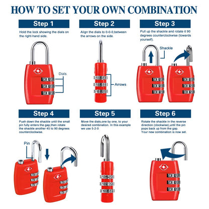 TSA Luggage Locks (4Pack) - 3 Digit Combination Padlocks - Approved Travel Lock for Suitcases & Baggage (Red)