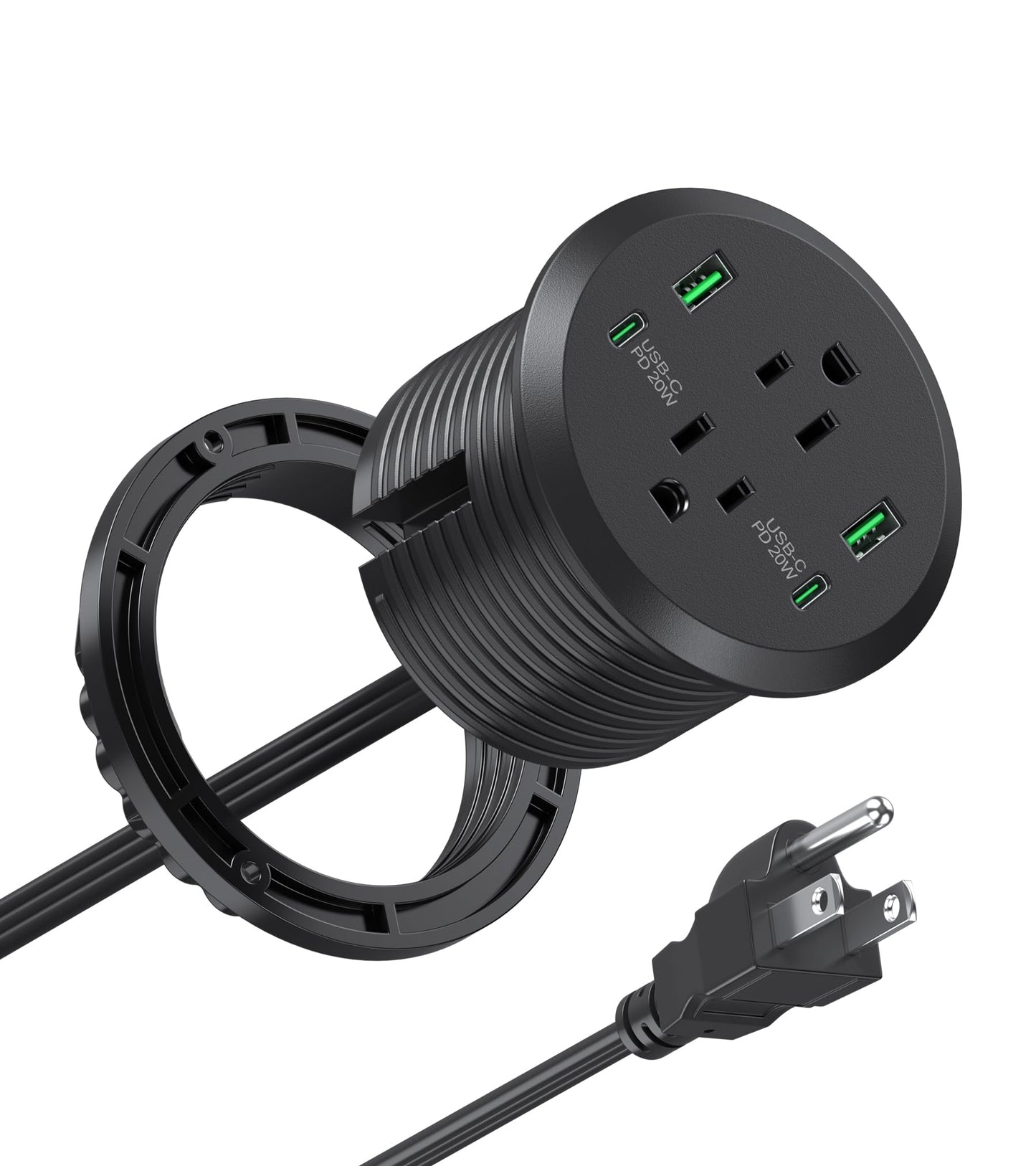Desktop Power Grommet 3-inch Hole,40W Total Fast Charging Station, 2 PD 20W USB C Port,Flush-Mount Recessed Power Strip, 2 AC Outlets,4 USB Ports,in to The Top of Your Desk,6ft Cord