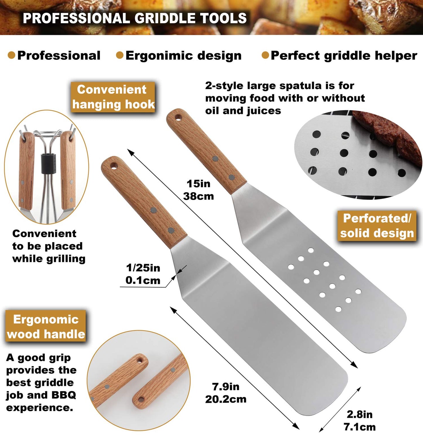 ROMANTICIST 8pcs Professional Griddle Accessories Kit - Heavy Duty Stainless Steel Grill Spatula Set for Grill Griddle Hibachi Flat Top Outdoor Cooking - Great Grill Gift on Birthday Wedding