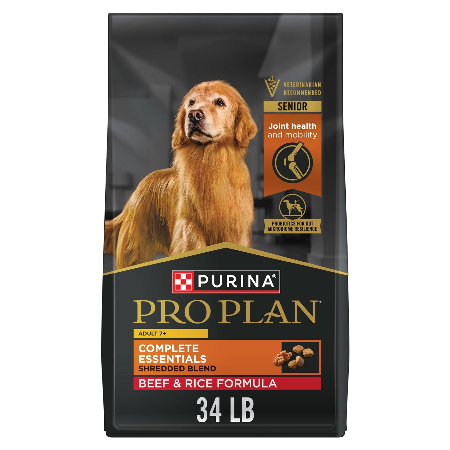 Purina Pro Plan Adult 7 Plus Complete Essentials Shredded Blend Beef and Rice Formula High Protein Dog Food for Senior Dogs - 34 lb. Bag