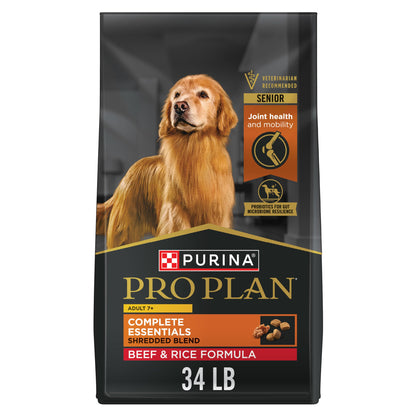 Purina Pro Plan Adult 7 Plus Complete Essentials Shredded Blend Beef and Rice Formula High Protein Dog Food for Senior Dogs - 34 lb. Bag