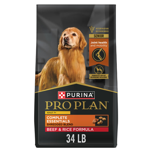 Purina Pro Plan Adult 7 Plus Complete Essentials Shredded Blend Beef and Rice Formula High Protein Dog Food for Senior Dogs - 34 lb. Bag