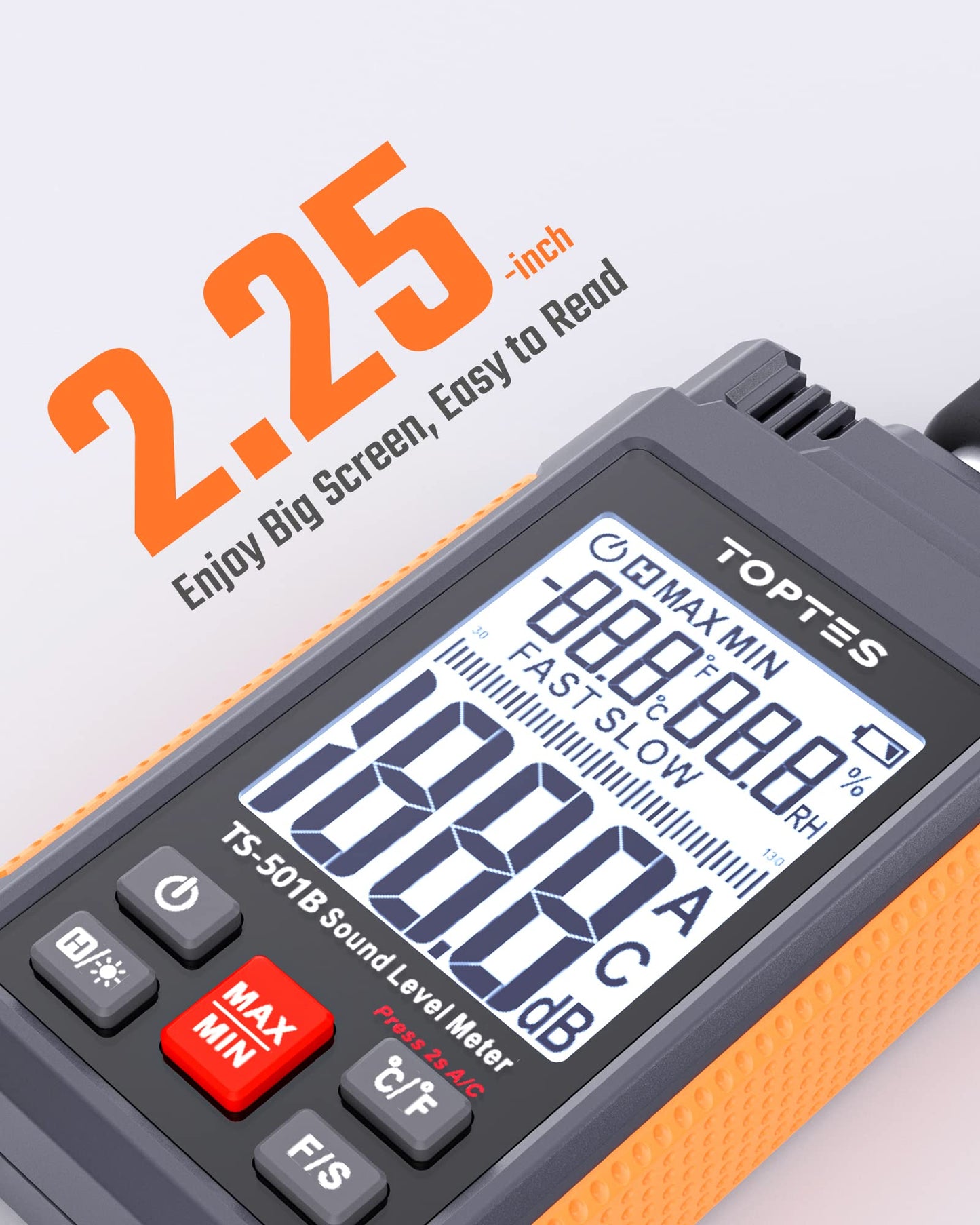 Decibel Meter, TopTes TS-501B Sound Level Meter with 2.25” Backlit LCD Screen, Portable SPL Tester with A/C Weighted, Range 30-130dB, MAX/MIN, Data Hold, Use for Home, Noisy Neighbor, Factory - Orange